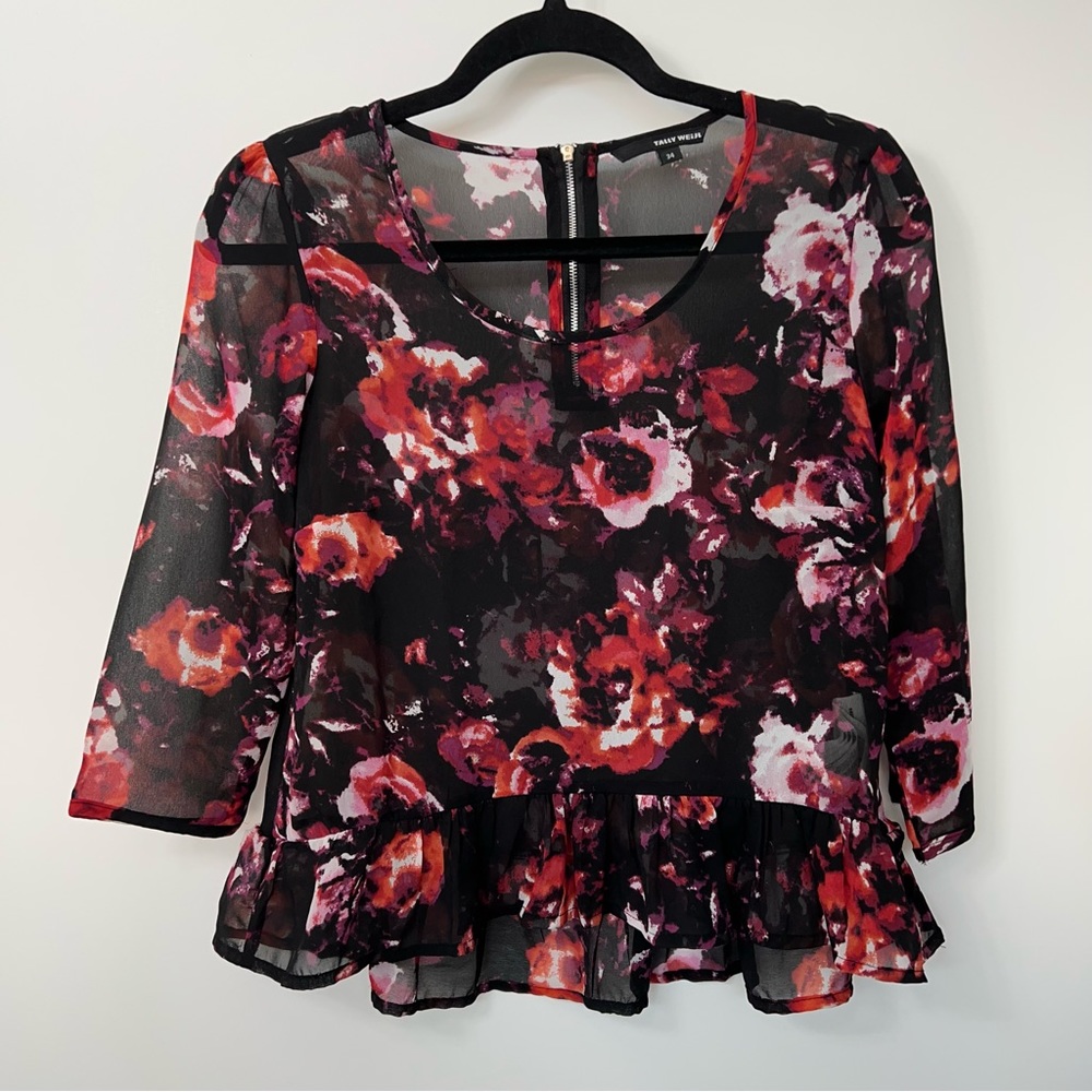 Tally Weijl Floral Top Blouse Sheer Black Size 34